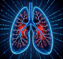Fototapete - a detailed lung, with the left lung slightly larger than the right lung, set against a dark background The lung is illuminated by a blue