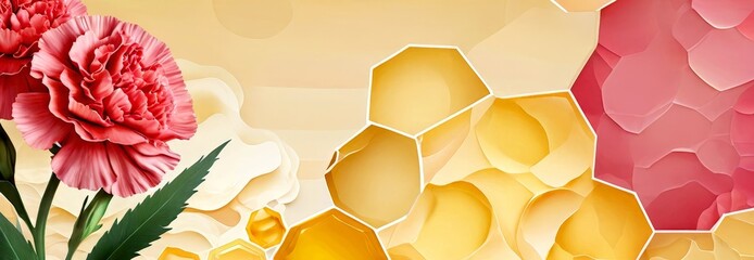 Leinwandbilder - a vibrant digital illustration pink carnation flower on the left and a honeycomb pattern on the right, set against a light yellow background