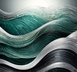 Poster - a digital art piece with a wave-like pattern composed of green and silver metallic lines, creating a sense of movement and fluidity