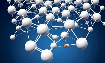 Aufkleber - A complex molecular structure, composed of numerous white spheres connected by thin blue and orange lines, set against a dark blue background