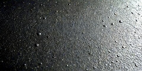 Leinwandbilder - A close-up view of a wet, dark asphalt surface with numerous small, round water droplets scattered across it, creating a textured and reflective appearance.