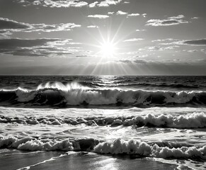 Poster - A dramatic black and white photograph serene ocean scene, featuring a large wave crashing onto the shore, with the sun's rays shining through the clouds and creating