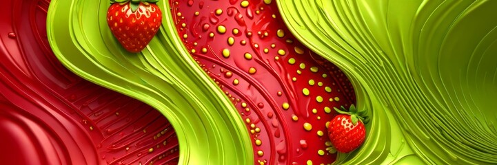 Poster - a vibrant abstract composition with two strawberries, one red and one green, set against a backdrop of red and green swirls and splashes of color