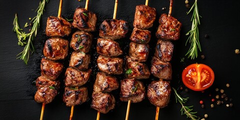 Canvas Print - Delicious grilled meat skewers ready to serve. This image showcases tender cubes of meat charred to perfection. Ideal for food enthusiasts who enjoy grilling. AI