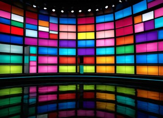 Aufkleber - A vibrant, multicolored stage with a curved wall and reflective floor, creating a visually striking and dynamic environment
