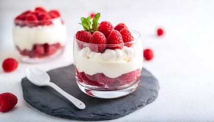 Canvas Print - Delicious Raspberry Trifle in a Clear Glass Bowl. A delectable layered dessert showcasing fresh raspberries, creamy filling