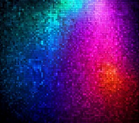 Poster - a vibrant, multicolored mosaic composed of small square tiles in shades of blue, green, purple, and pink. The tiles are arranged in a grid-like pattern, creating a