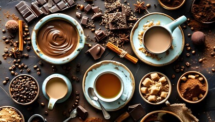 Wall Mural - Artistic Flat Lay Composition Featuring Coffee, Chocolate, Milk, and Tea Ingredients