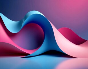 Leinwandbilder - Abstract 3D of curved, overlapping paper shapes in shades of blue and pink, with a gradient background transitioning from pink to purple.