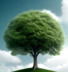 Poster - A large, lush green tree stands alone on a grassy hill, its branches reaching out against a clear blue sky with fluffy white clouds.