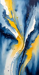 Fototapete - an abstract painting featuring a dynamic composition of blue, yellow, and white colors, with splashes of color and texture creating a sense of movement and energy