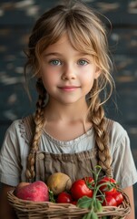 Poster - A young girl is holding a basket of vegetables, including tomatoes and apples. She has her hair in pigtails and is smiling