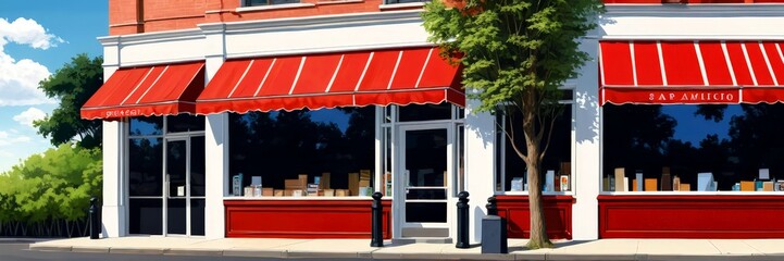 Poster - A vibrant storefront with red awnings and a white facade, featuring a tree and a clear blue sky in the background.