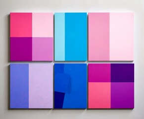 Leinwandbilder - Six abstract paintings in various pastel colors, including pink, blue, purple, and light blue, arranged in a grid-like pattern on a white wall