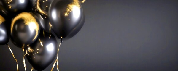 Wall Mural - A cluster of black balloons with gold accents, floating against a dark background