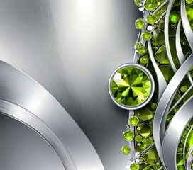 Aufkleber - a metallic surface with a silver-colored curve and a central circular green gemstone Surrounding the gemstone are smaller green gemstones arranged in a wave-like pattern