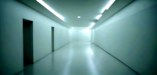 Poster - A long, dimly lit corridor with white walls and a polished floor, featuring two doors on either side