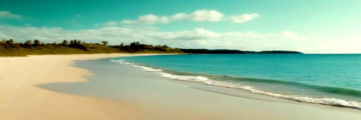 Poster - A serene beach scene with a sandy shore, turquoise water, and a line of trees in the distance, captured in a vintage filter