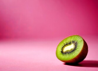 Aufkleber - A halved kiwi fruit with a vibrant green flesh and black seeds rests on a pink background, creating a visually striking contrast.