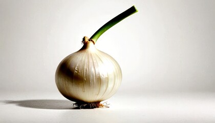 Aufkleber - A single onion bulb with a green stem stands upright on a white surface, casting a shadow on the ground