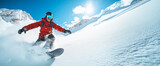 Man enjoying snowboarding in mountain ski resort with amazing winter landscape banner. Male snowboarder on slope with professional equipment on sunny day Man carving down slope against clear blue sky