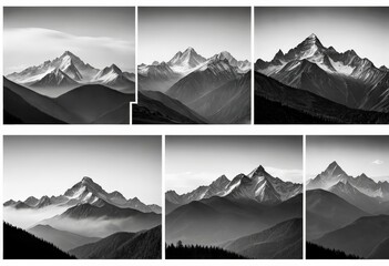 Aufkleber - A series of six black and white photographs depicting majestic snow-capped mountains, showcasing the grandeur and scale of these natural wonders