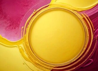 Aufkleber - a vibrant abstract composition with a large yellow circle at the center, surrounded by splashes of pink and purple paint The background is a gradient transitioning from pink