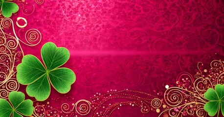 Leinwandbilder - A vibrant red background adorned with a repeating pattern of green clovers and gold swirls, creating a festive and celebratory atmosphere