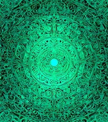 Aufkleber - a circular pattern with a central green circle surrounded by intricate, swirling designs in a dark green color