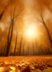 Aufkleber - A serene autumn scene unfolds in a forest, with the sun's rays filtering through the trees and casting a warm glow on the fallen leaves covering the ground