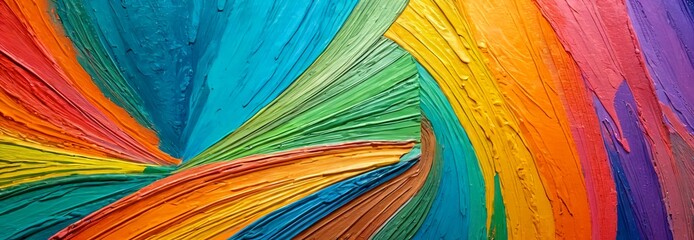 Poster - a close-up view textured, multicolored abstract painting The painting features a vibrant array of colors, including red, orange, yellow, green, blue, and purple, arranged