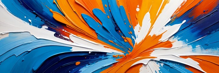 Poster - an abstract painting featuring a vibrant explosion of colors, predominantly blue, orange, and white, with splashes of red and black