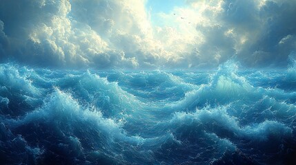 Wall Mural - Dramatic Ocean Waves Under Stormy Sky - Seascape Painting