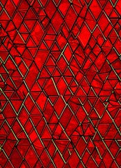Poster - a close-up view red mosaic composed of numerous small, triangular tiles arranged in a grid-like pattern The tiles are predominantly red, with some green accents, and