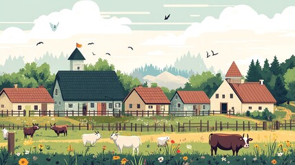 Countryside barnyard with cows, pigs, goats, and chickens in a flat vector illustration, Farmyard Animals, Pastoral village life