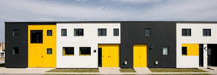 Poster - A modern residential building with a striking color scheme of black, white, and yellow, featuring a row of three-story units with large windows and doors.
