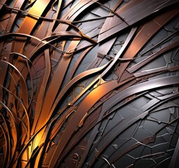 Poster - a complex, abstract pattern of intersecting metallic lines and curves, creating a sense of depth and movement The metallic elements exhibit a range of colors, including shades