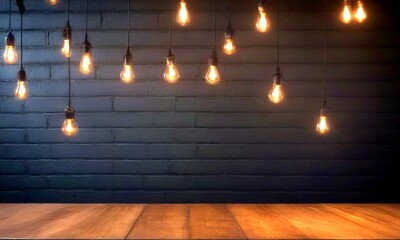 Wall Mural - A dark brick wall with a row of hanging light bulbs, creating a warm and cozy atmosphere