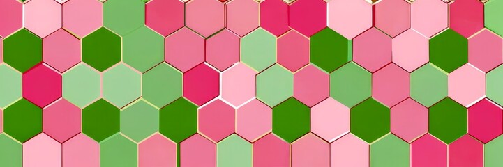 Poster - A repeating pattern of pink and green hexagonal tiles arranged in a grid-like fashion, creating a visually appealing and harmonious design