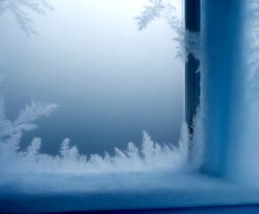 Poster - A frosty window frame reveals a serene winter landscape, with snow-covered branches and a soft blue sky peeking through the frost.
