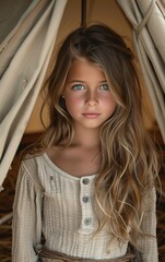 Sticker - A young girl with long brown hair is sitting in a tent. She has a button on her shirt and is wearing a white shirt