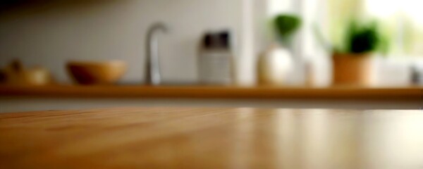 Poster - A wooden table in the foreground with a blurred background of kitchen items, including a sink, plant, and bowls