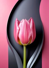 Poster - A single pink tulip stands out against a black and pink background, with a curved black shape to the left and a vertical black line to the right