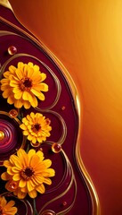 Leinwandbilder - a vibrant arrangement of yellow daisy flowers with red centers, set against a deep red background with gold accents The flowers are arranged in a curved pattern, and small