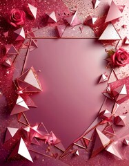 Wall Mural - a pink and purple abstract background with a geometric pattern of triangles and a rose The rose is positioned on the left side, while the geometric shapes are