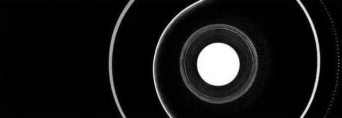 Poster - a black and white abstract composition with a central white circle and a series of concentric circles surrounding it, creating a sense of depth and movement