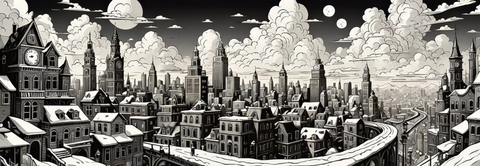 Poster - a fantastical cityscape with towering buildings, intricate architecture, and a winding road, all in a striking black and white style
