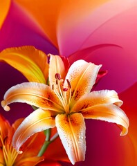 Aufkleber - A close-up vibrant orange and white lily flower with a red center, set against a gradient background of orange, pink, and purple hues