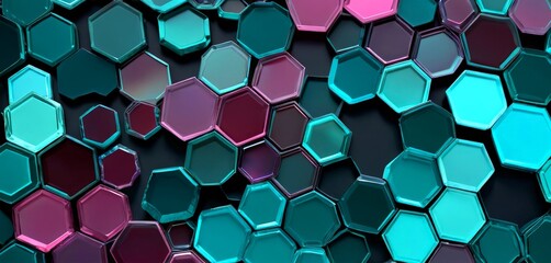 Leinwandbilder - A 3D of a pattern of hexagonal shapes in various shades of blue, purple, and pink, arranged in a grid-like pattern against a dark background.