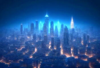 Aufkleber - A futuristic cityscape at night, with tall buildings illuminated by a myriad of lights, creating a mesmerizing and otherworldly atmosphere